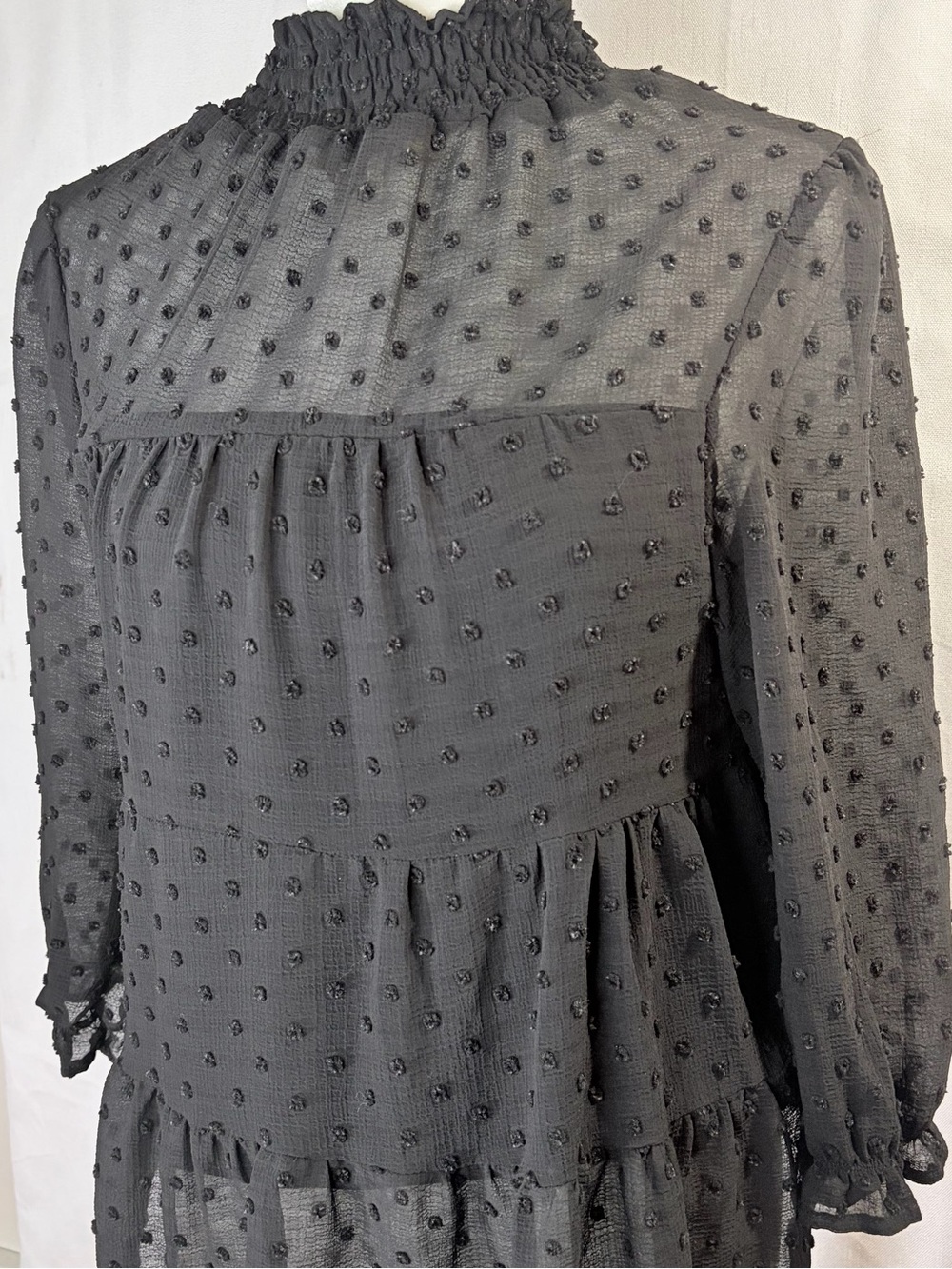 Monteau Black Tiered Embroidered Blouse 3/4 Sleeve Sheer Lined Sz L Dressy Top